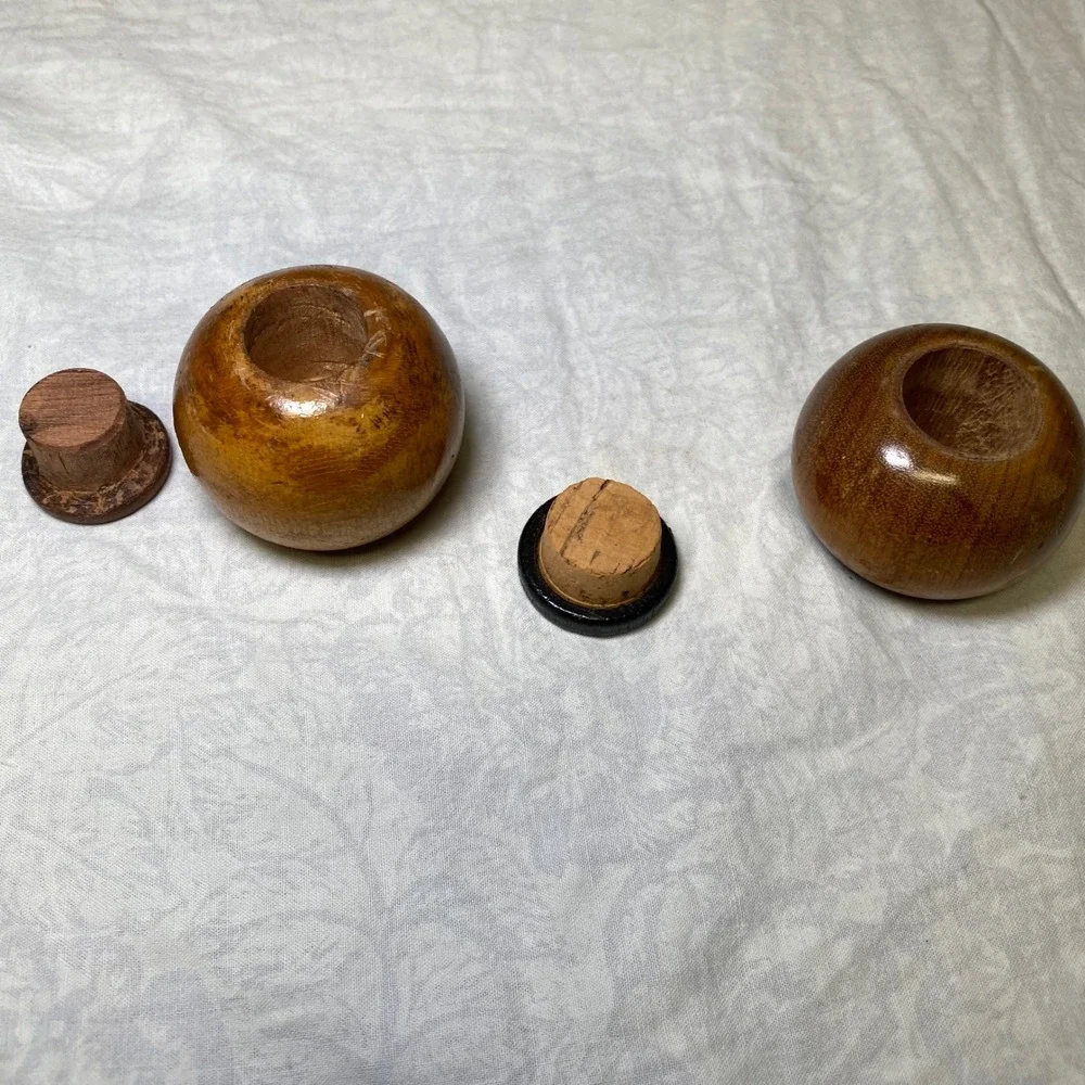 Vintage Hand Turned Wooden Ball Salt Pepper Shaker Set Round Globe Mid Century
